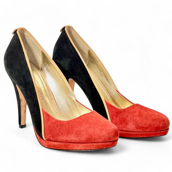 Elaine Turner Shoes - Elaine Turner Leather Suede Pumps 9.5 Heels Platform Red Gold Black Pinup Logo